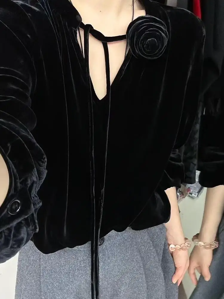 

Women's Chic French Fall Winter Velvet Blouse Elegant Long Sleeve Lace-Up Cut-Out 3D Floral Applique Slimming Shirts Top