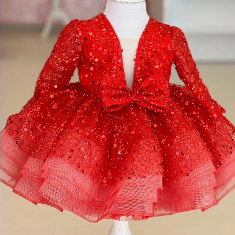 Flower Girl Dresses Cute Pink Glitter Sequined Shiny Puffy Organza With Bow Fit Wedding Party Princess Ball Gowns