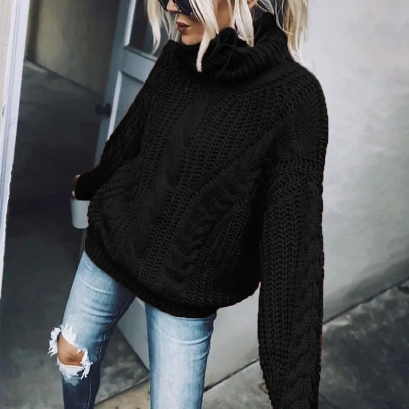 Turtleneck Sweater Kintted Women Crochet Gray Pullovers Blue Streetwear Spring Autumn Winter Jumper Y2k Top Jumper Streetwear