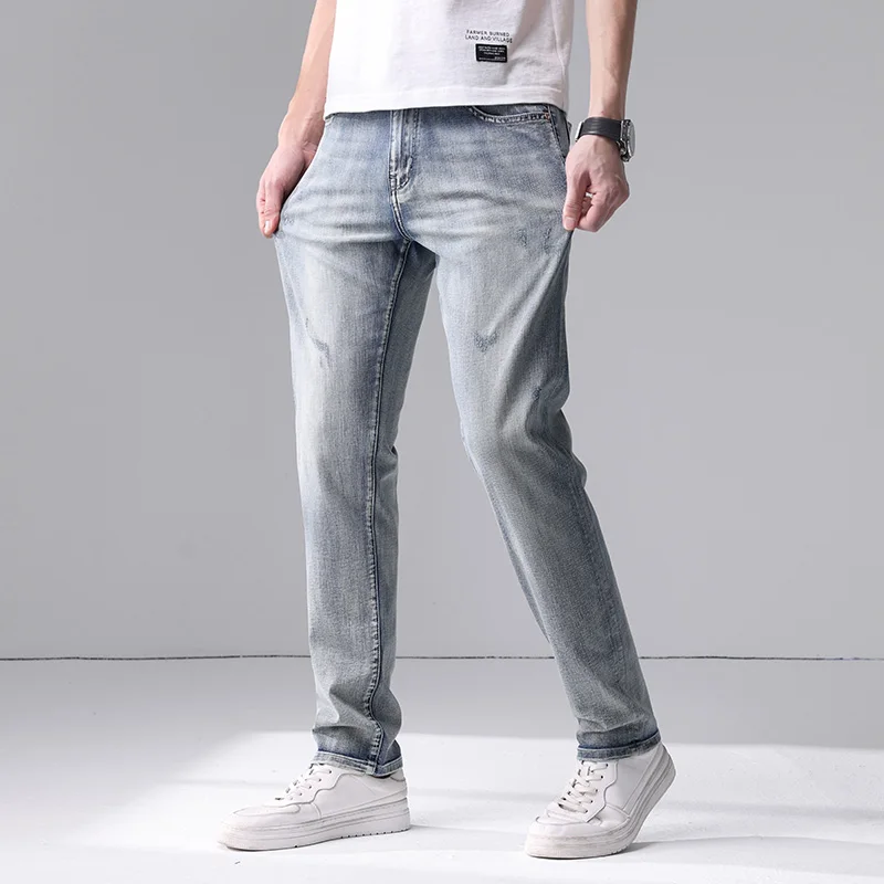 Printemps automne coton hommes bleu mince jean droit affaires décontracté Stretch Denim pantalon mâle marque pantalon ample