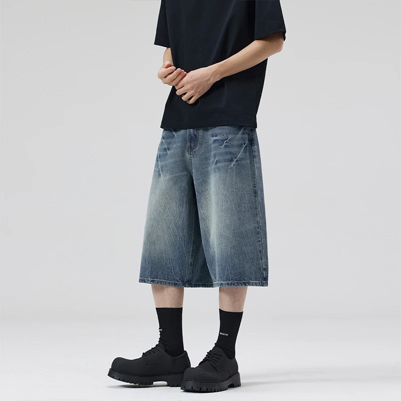 2026 Summer New Style Lightning Crackle Black Gray Jeans for Men Men's Straight Loose Wide Leg Shorts