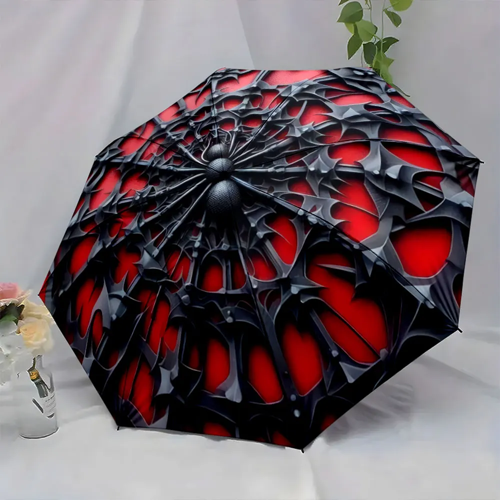 1PC Unique Spider-Themed Umbrella with Bold Red and Black Design Print 8 Iron Ribs Folding Umbrella Auto-Open Fashion Sunshade