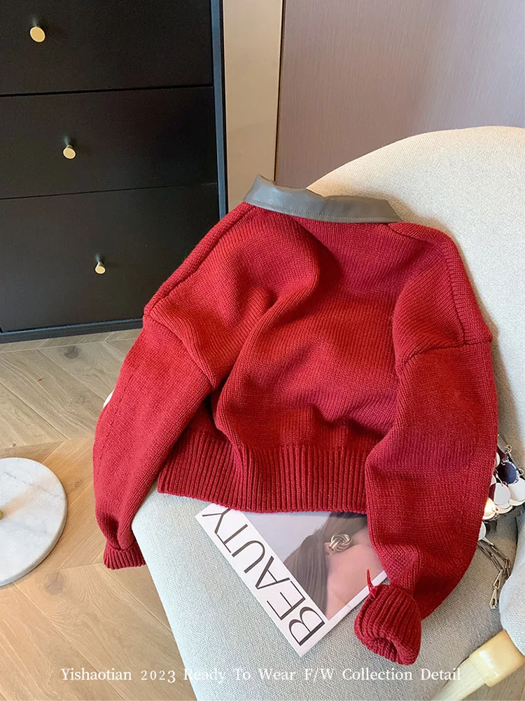 Harajuku Red Cashmere Top Turn-Down Collar Cozy Sweater Knitted Cardigans Gyaru Korean Autumn Winter 2000s Aesthetic High Street