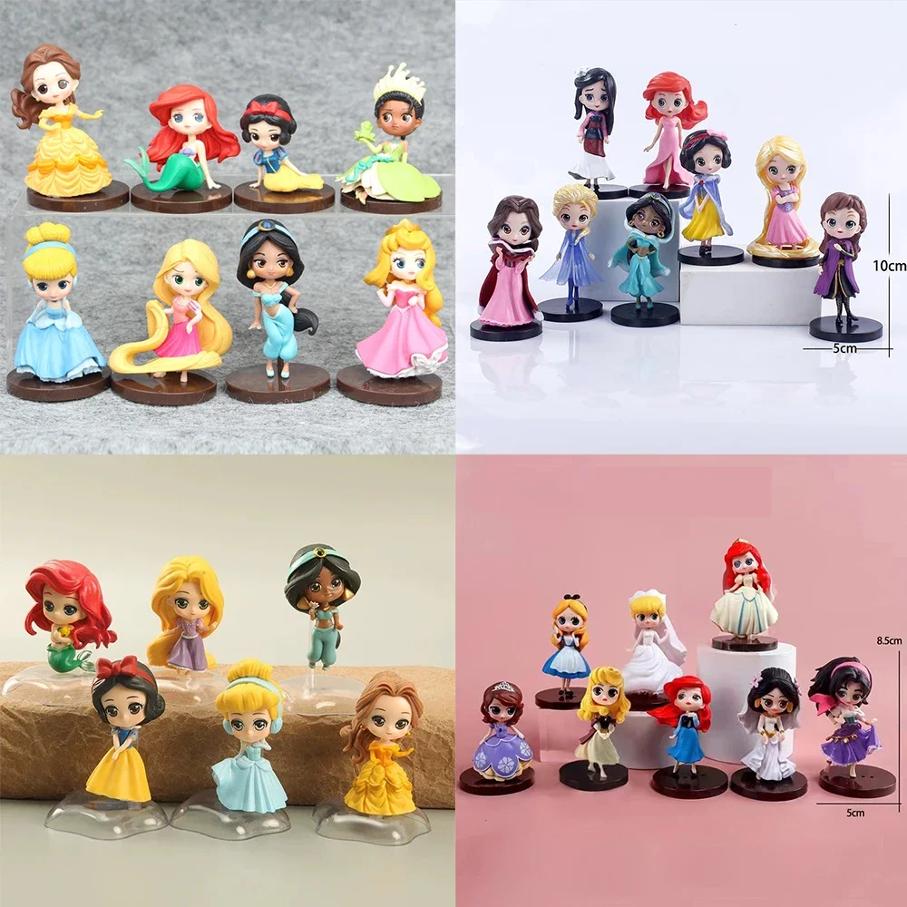 Disney 6-8pcs Q Posket Princess Tiana Snow White Rapunzel Ariel Cinderella Belle Mermaid PVC Action Figures Model Toys Kid Gift