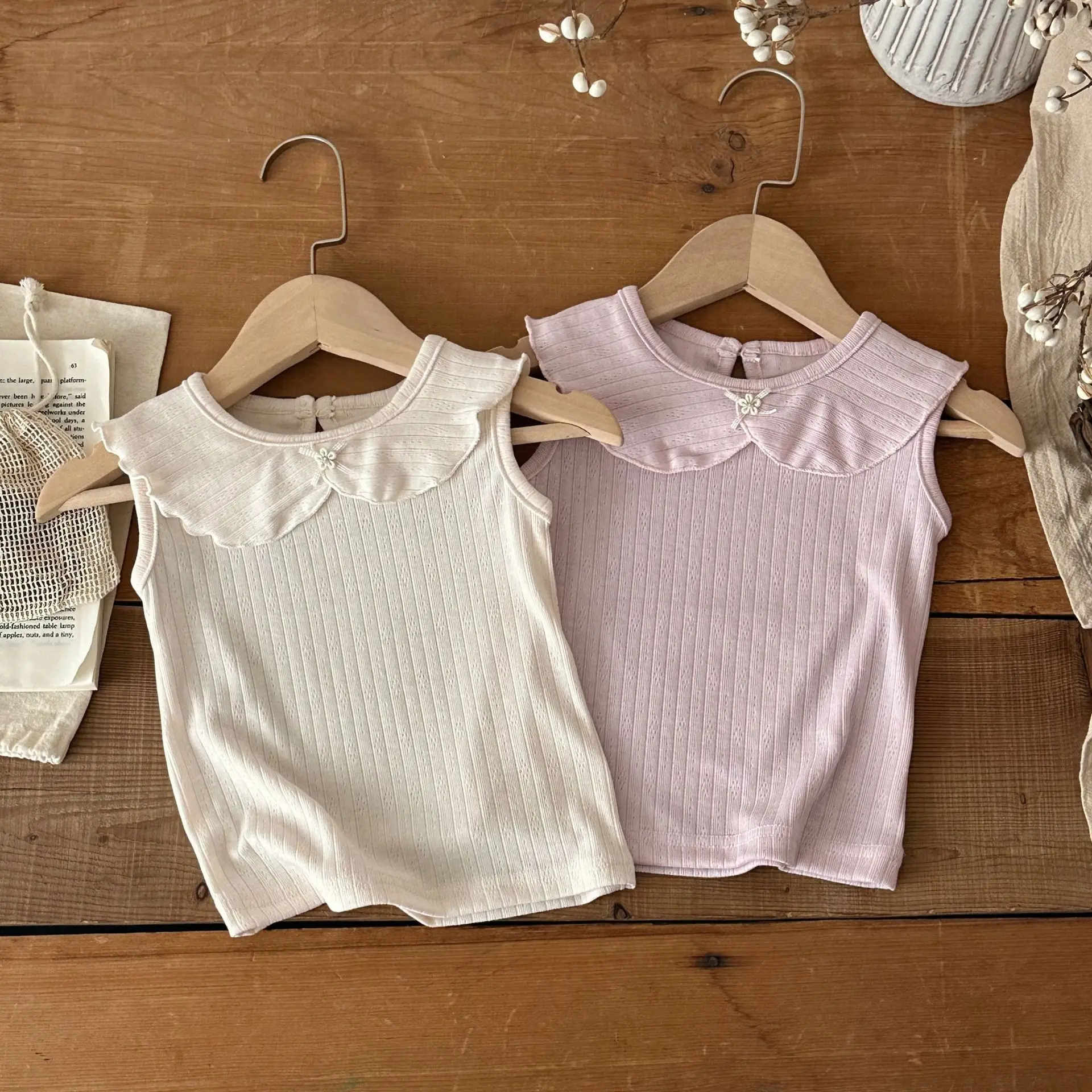 2026 Summer New Baby Girl Sleeveless T Shirts Cute Girls Sweet Lace Collar Tops Cotton Infant Ribbed Vest Solid Toddler Clothes