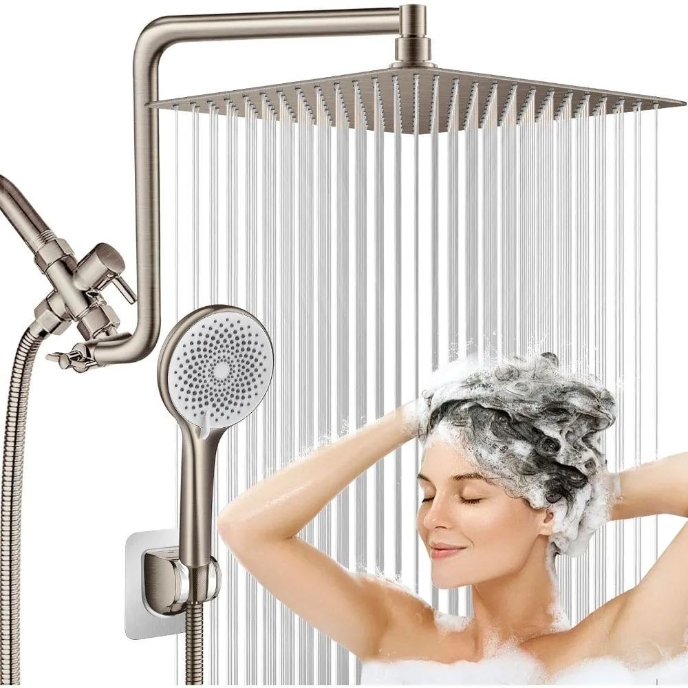 

12'' Rainfall Shower Head Combo, with Flexible Curved Arm & 4-Setting Handheld Sprayer, 60'' Hose, Stainless Steel Shower Head