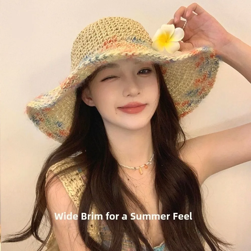 Casual Colorful Wide Brim Straw Hat Boho Breathable Weave Bucket Hat Foldable Hollow UV Protection Cap Travel