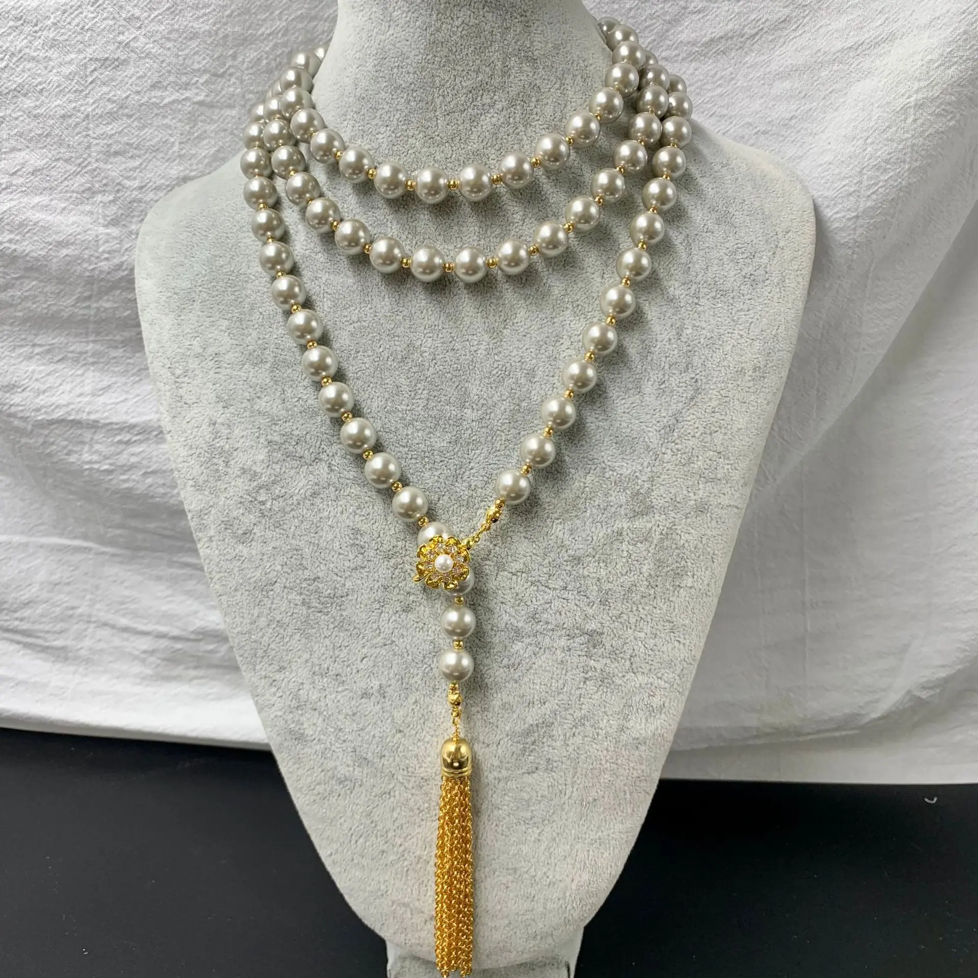 

S Pearl Long Chains Vintage Fashion Jewelry Copper Connected White And Grey Color Necklaces For Women