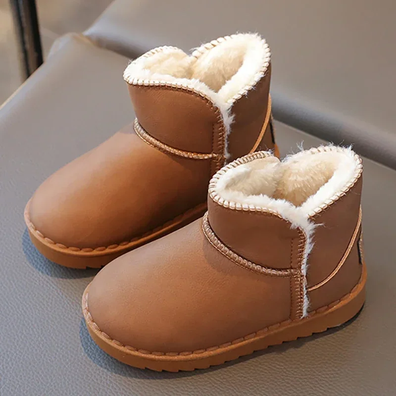

Winter Children Fashion Warm Boots Boys Winter Waterproof Velvet Shoes Girl PU Leather Snow Boots Kids Plush Boots Solid Color