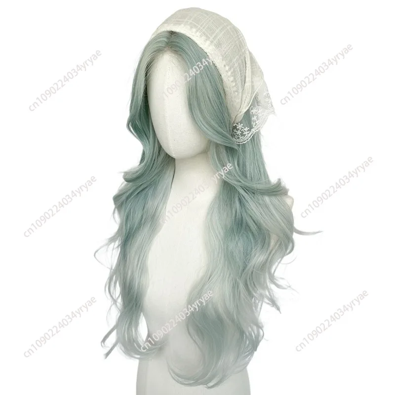 Front lace mint green gradual change wig high temperature silk mermaid curls summer thin Korean wig