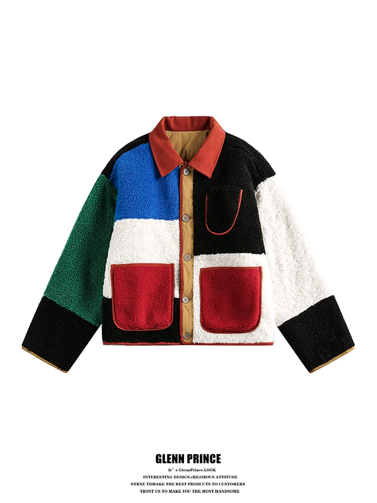 

GPstudio Winter New Faionable Retro Spliced Color Lamb Velvet Cotton Jaet Men's American Sle Lamb Fur Cotton Coat