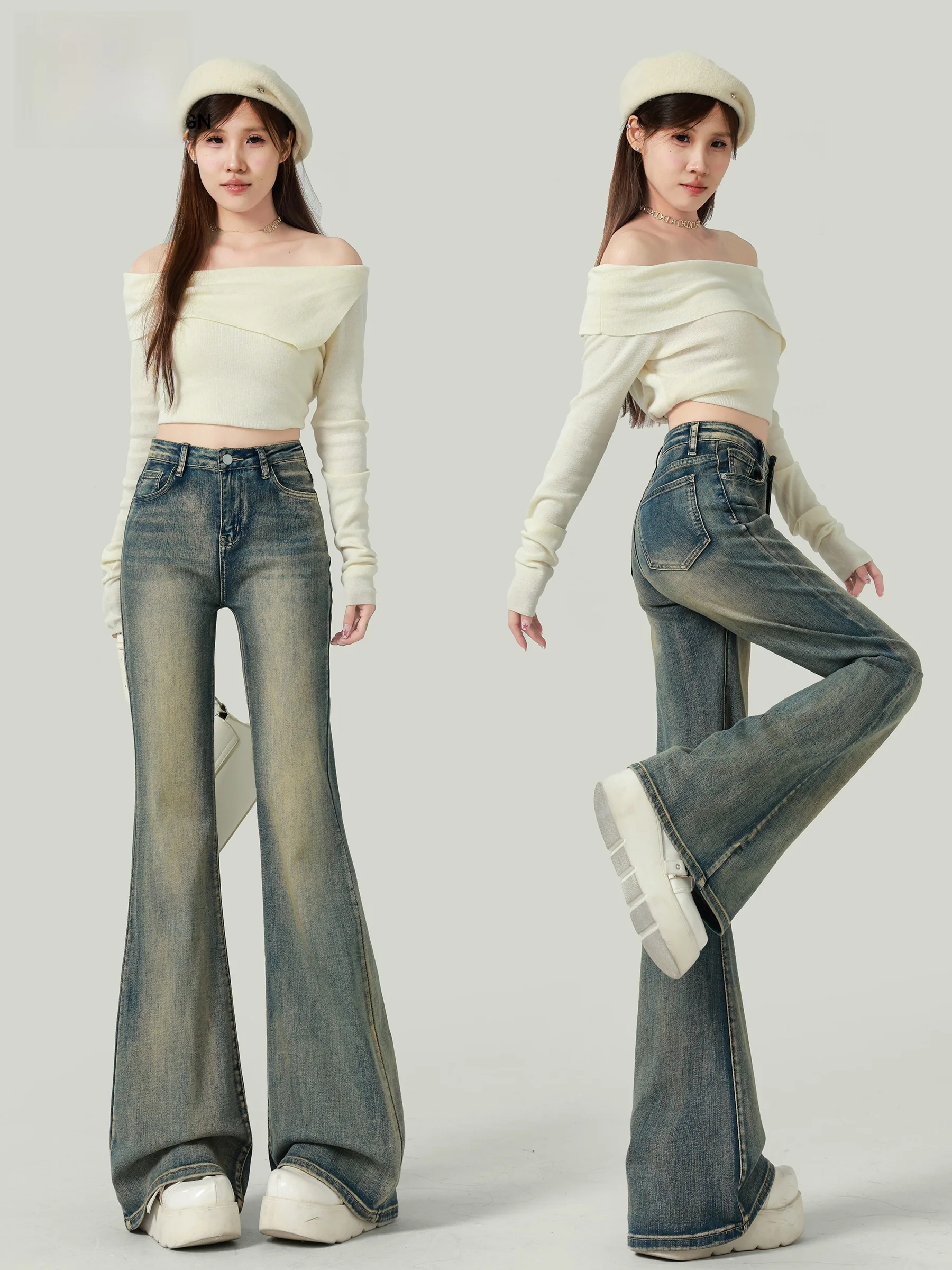 

American Style High Waist Bell Bottom Jeans Women's Autumn Winter New Style Spicy Girl Elastic Slim Fit Hoof Jeans