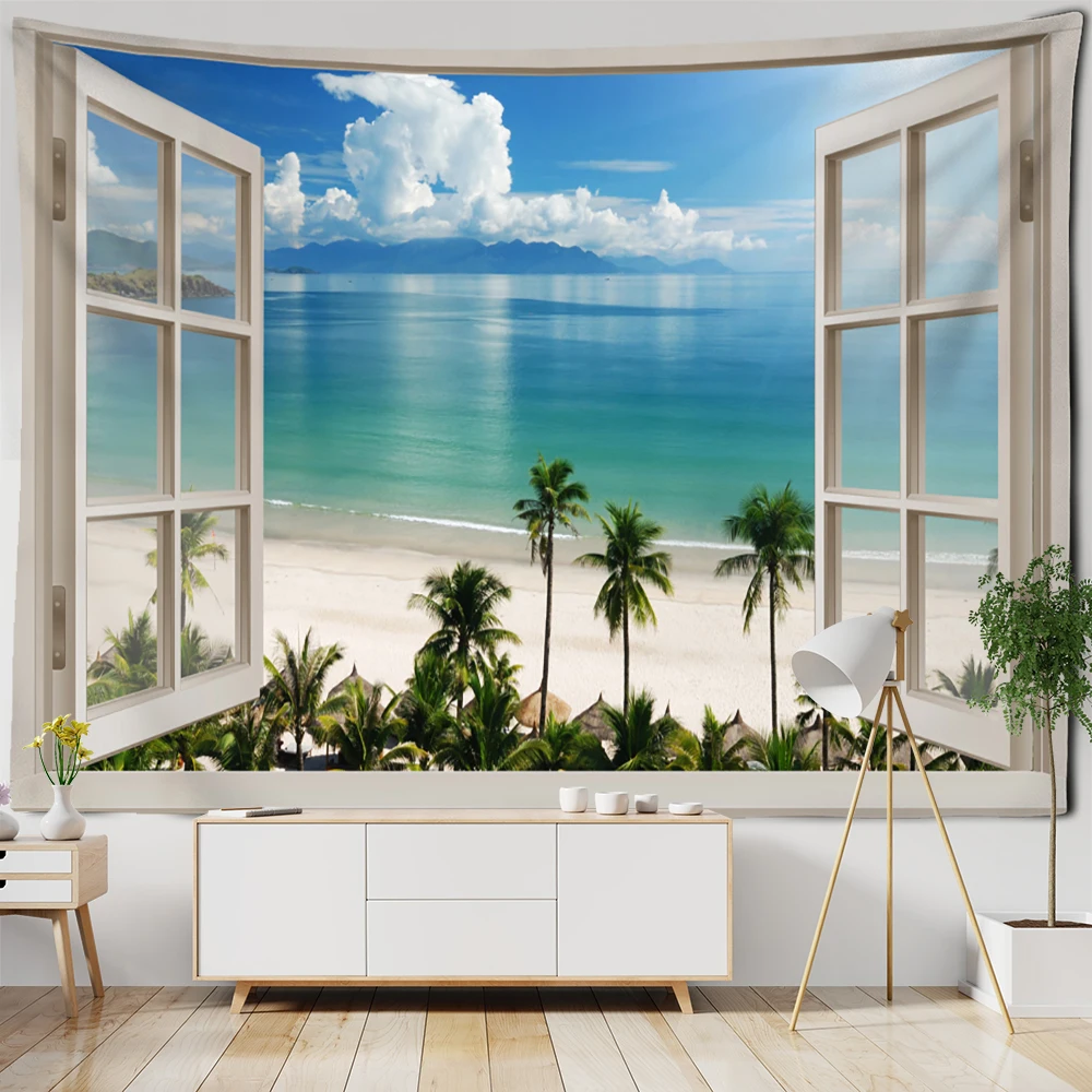 Sunset Coconut Tree Seaside Scenery Tapestry Bohemian Style Aesthetics Room Background Cloth Tapiz Decor