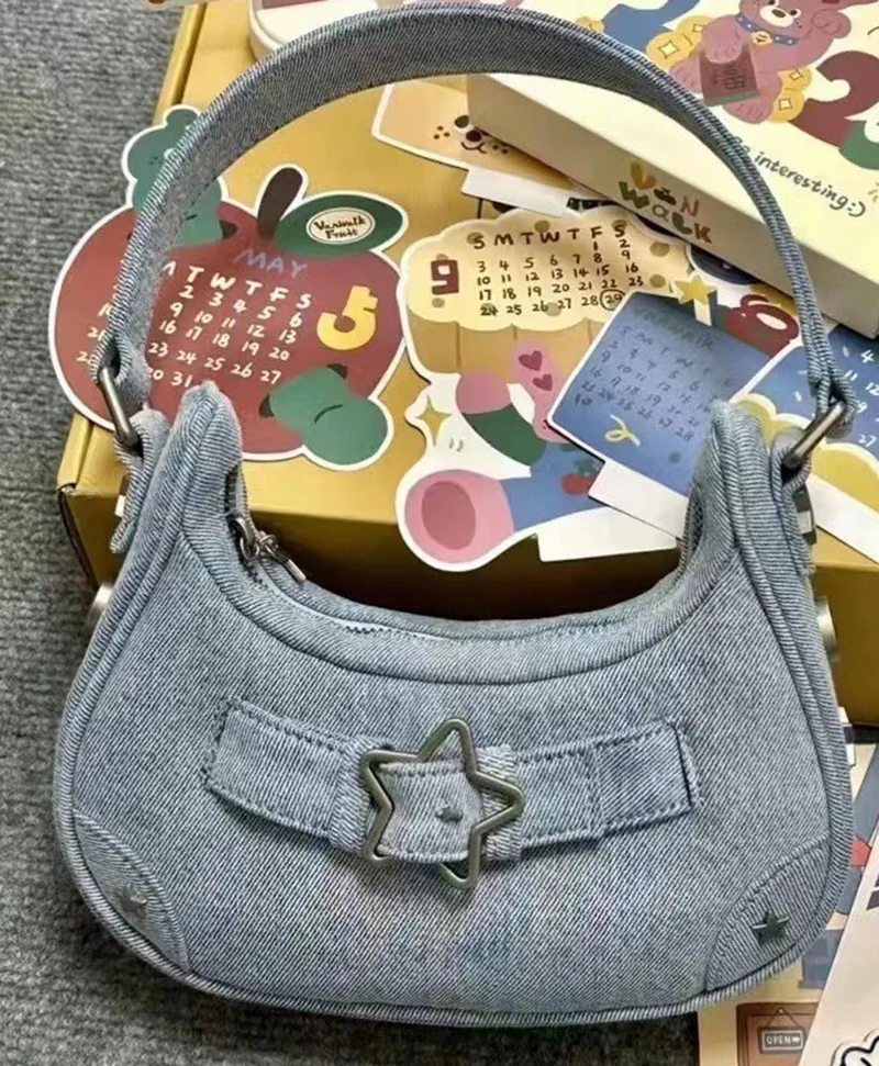 American Retro Star Decor White Underarm Bag Women Summer Autumn Y2K New Handbag Unique Design Spicy Girl One Shoulder Bag