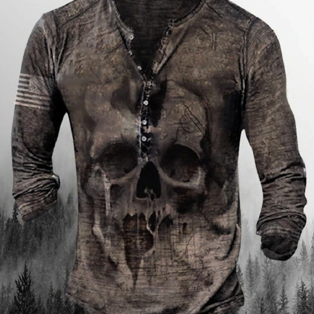 Button-Up V-Neck Vintage Skull 3D Printed Short Sleeve Goth T-Shirt Men Punk Street Wear Men Oversized Brazilian Spanish T-Shirt