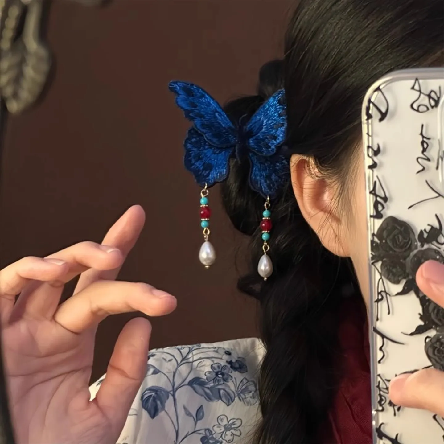 New Chinese-Style Embroidered Blue Butterfly Tassel Hairpin, Ancient Style Side Clip Hairpin, Headpiece, Hanfu Qipao Accessory view 3