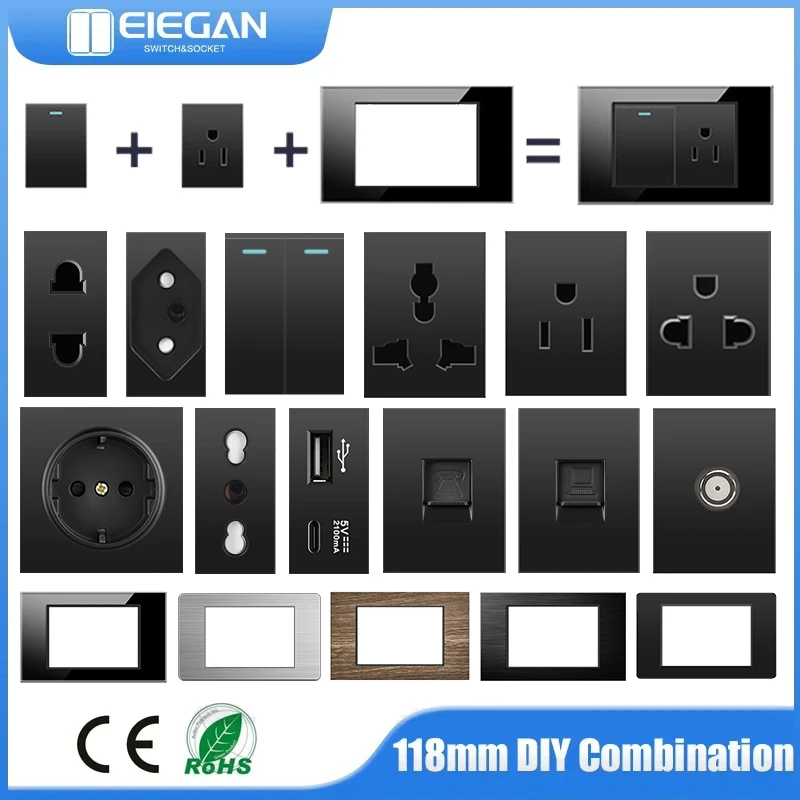 118mm Tempered Glass/PC Panel Wall Switch BR EU UN US TH Power Socket USB Type-C TV Parts Double DIY Free Combination Outlet