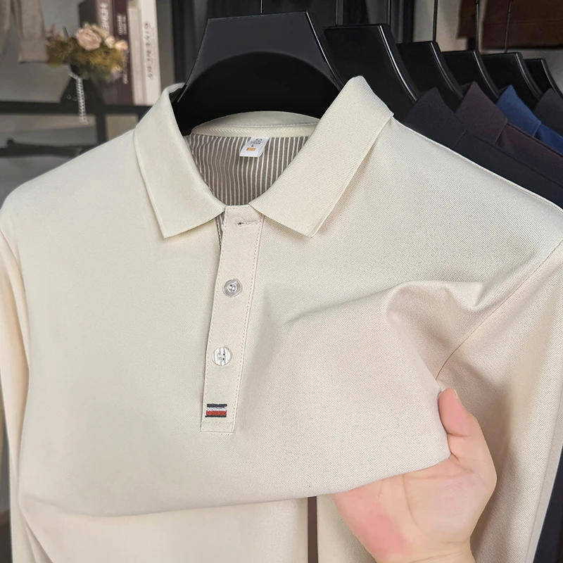 الرجال الخريف القطن الخالص طويلة الأكمام تي شيرت الأعمال عادية انتشار طوق قميص بولو أبي نمط فضفاض