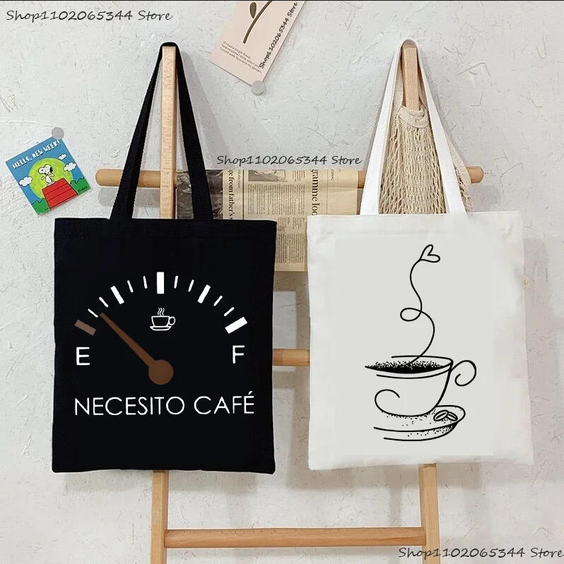 Necesito Café Coffee Fuel Gauge Canvas Tote Bags Minimalist Coffee Cup Line Women's Handbag Aesthetic Coffee Lover Shoulder Bag