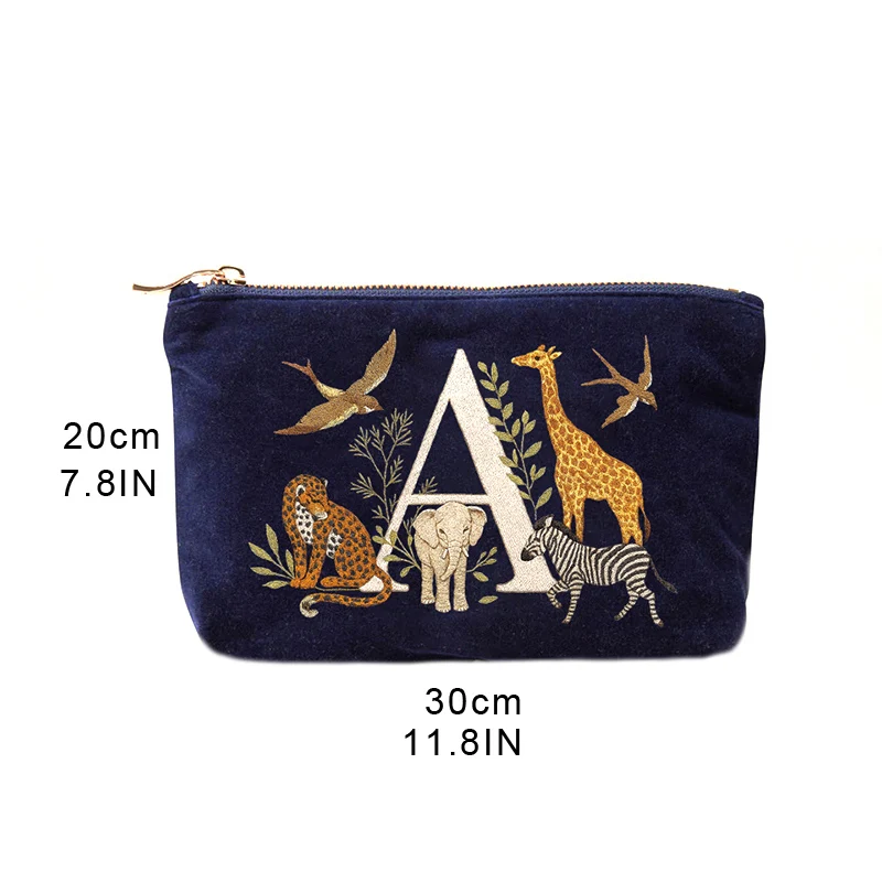Fluwelen clutch make-uptasje met schattige dierenalfabetprint