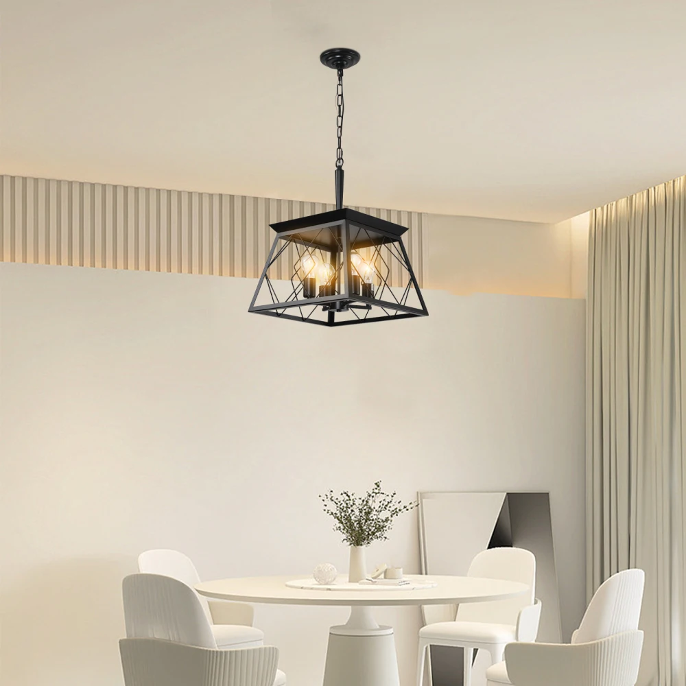 

16" Black Industrial 4-Light Pendant, Metal Cage, Adjustable Dining/Kitchen/Living (No Bulbs)