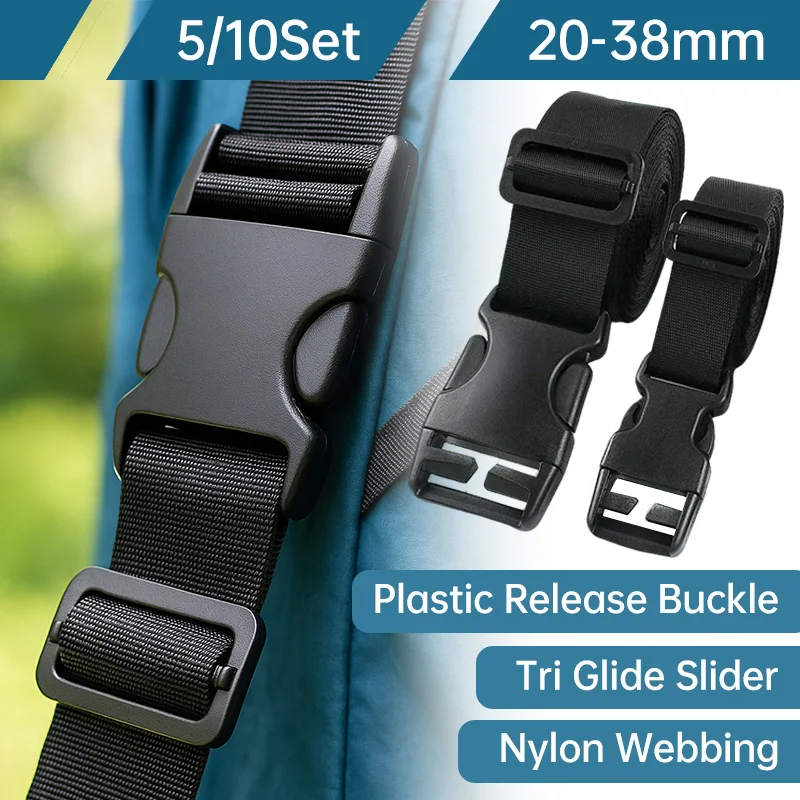 

5/10Sets 20/25/38mm Black Nylon Webbing Band with Plastic Release Buckle Bag Strap Adjust Tri-glide Slider DIY Bags Accessories