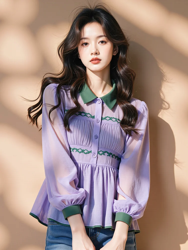

Purple Puff Sleeve Shirt Women's 2025 New Contrast Color Pleated Lapel Pinch Waist Top
