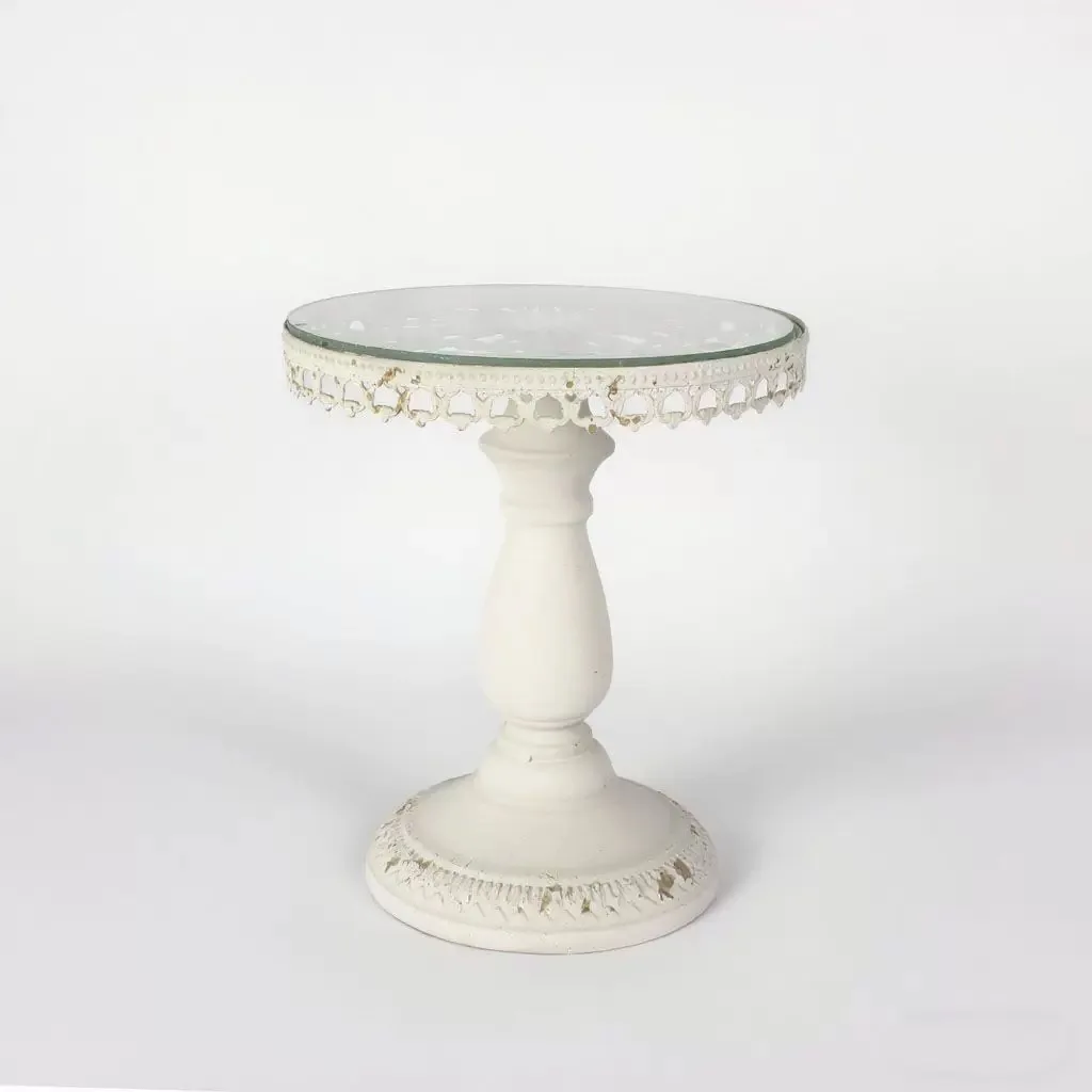 

French White Gold Accent Lace Edge Cake Stand with Glass Top, Decorative Dessert Display Pedestal, 21cm Diameter x 25cm Height