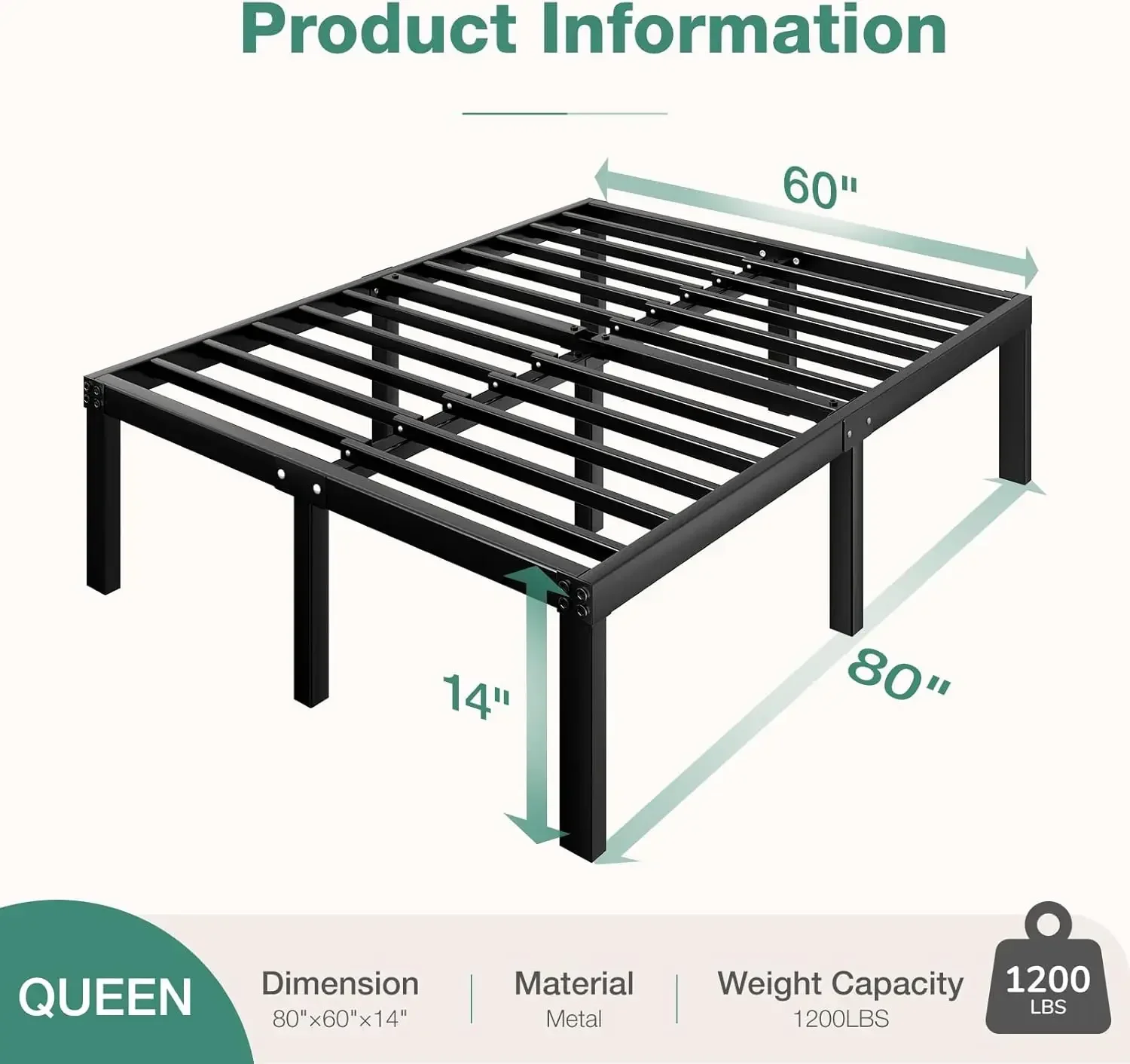 Cadre de lit Queen avec espace de rangement sous le lit, plate-forme en métal de 14 pouces, support à lattes en acier rapide