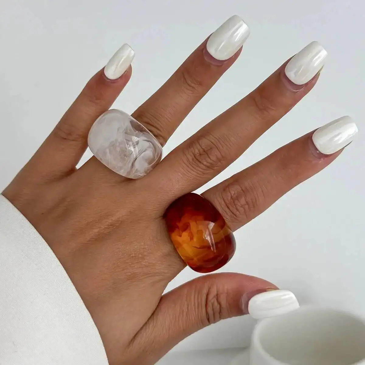 KunJoe Trendy Smooth Brown Orange Resin Acrylic Rings for Women Minimalist Geometric Chunky Ring Set Autumn/Winter Jewelry New