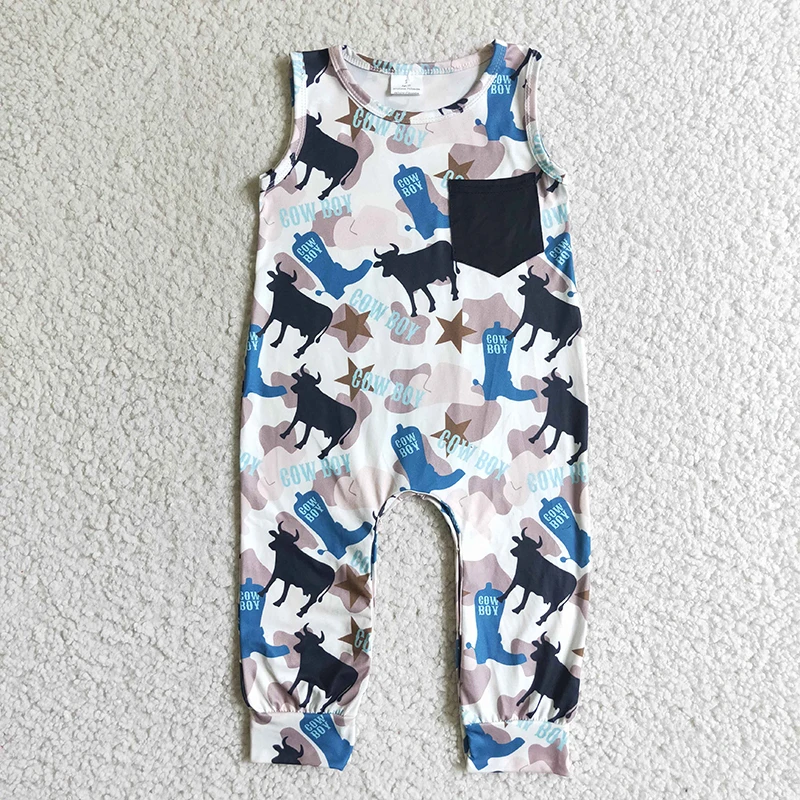 

Baby Boy Western Cow Romper Summer Sleeveless Bull Pocket Bodysuit Clothing Snap Botton Jumpsuit Kids Toddler One-piece Clothes