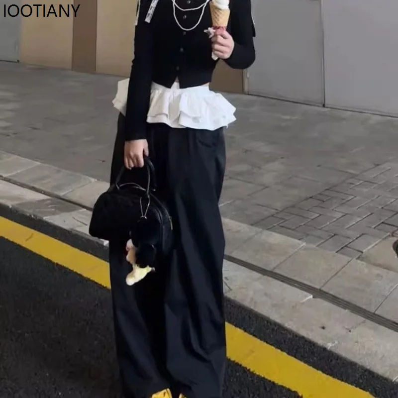 Y2k Black Retro Women's Cake Skirt Cute Girls Patchwork Harajuku Korean Style Sports Pants Wide Leg Loose Trousers Youth 2025