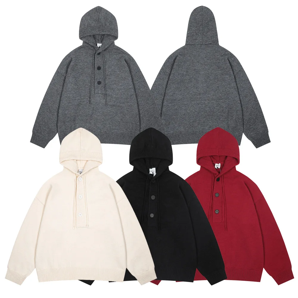 

Half-open cardigan button hooded sweater autumn and winter men's trendy American style solid color pullover knitted sweater
