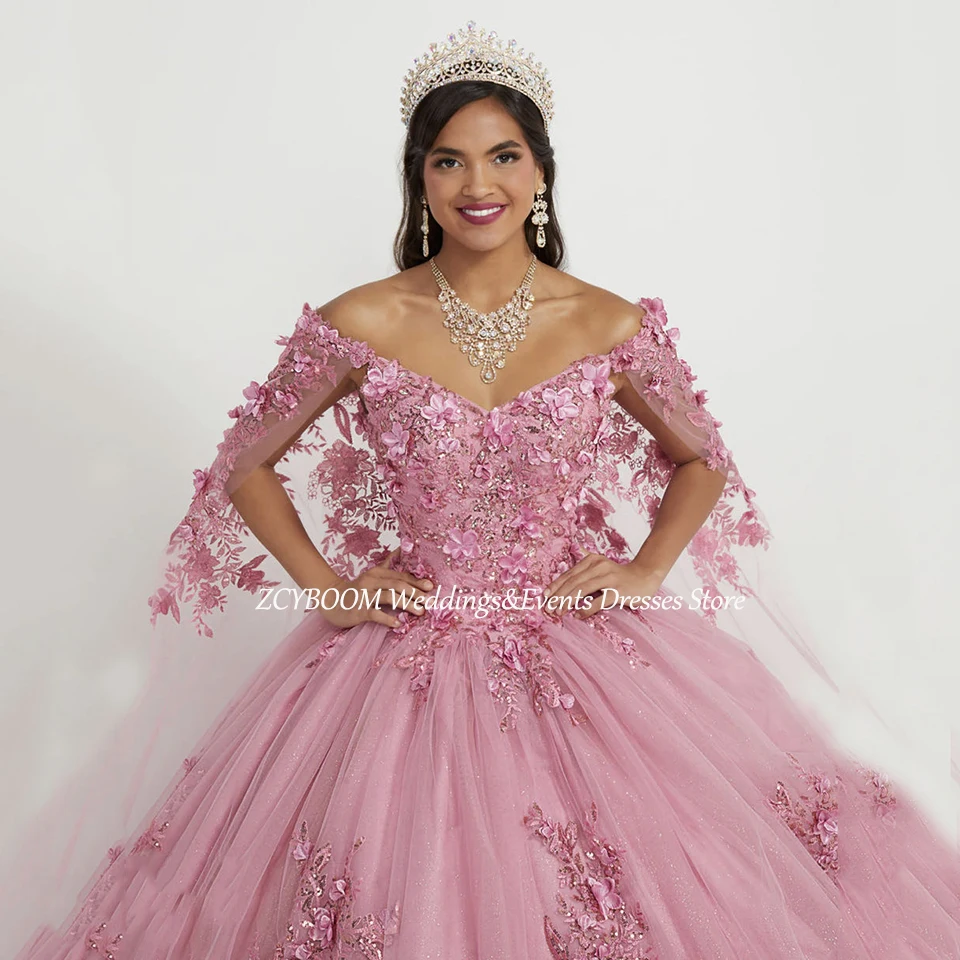 Elegante rosa cinta de espaguete sem costas flores apliques quinceanera vestido 2025 vestido de baile até o chão trem varredura vestido de baile