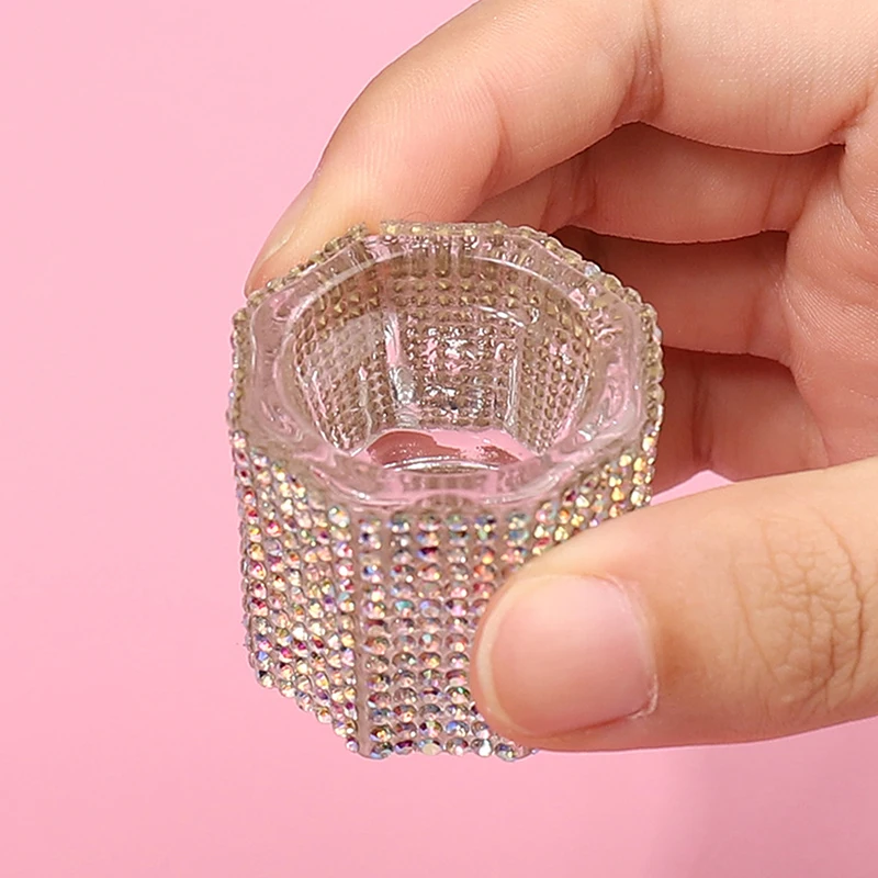 Mini cristal acrílico, polvo octogonal pequeño, taza para uñas líquidas, cepillo para uñas, limpieza de líquido, tazón mezclador de lujo con diamantes de imitación