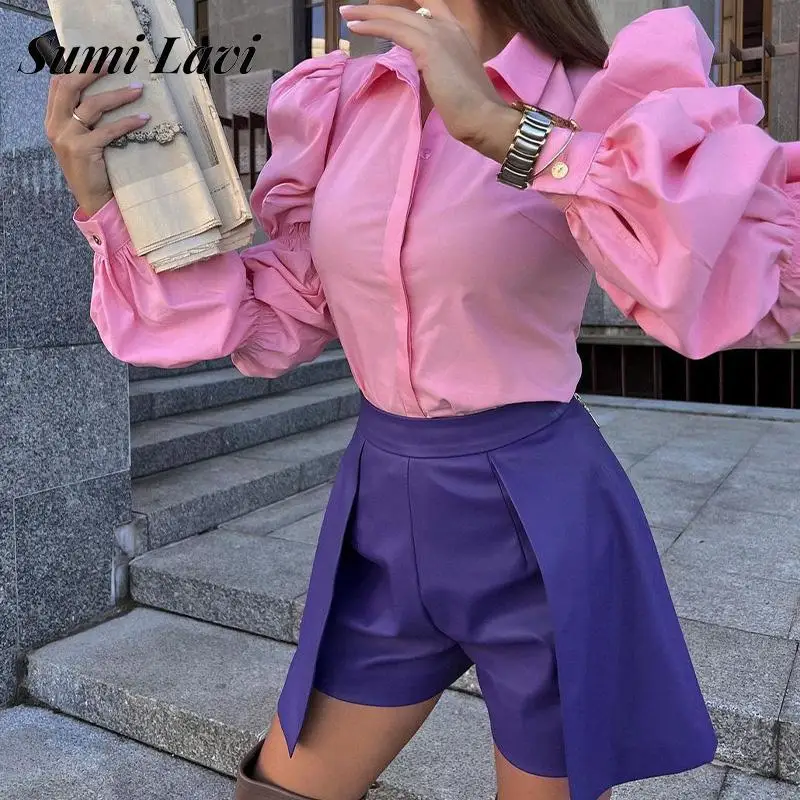 2023 Fashion Lantern Long Sleeve Shirt Tops Women Lapel Single-breasted Loose Shirt Chic Spring Office Lady Solid Color Blouse