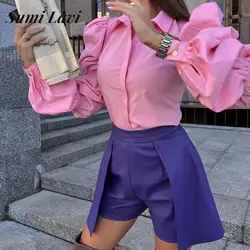 2023 Fashion Lantern Long Sleeve Shirt Tops Women Lapel Single-breasted Loose Shirt Chic Spring Office Lady Solid Color Blouse