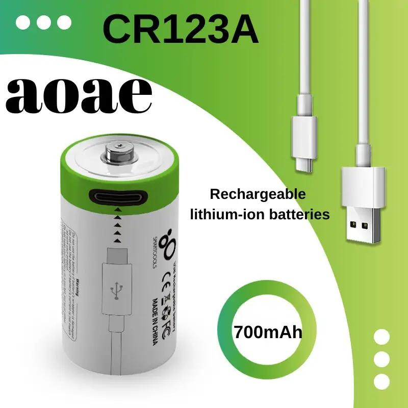 CR123A rechargeable battery USB,700mAh LED flashlight lithium-ion battery travel 16340 CR123 battery Type-C Cable Fast Charging