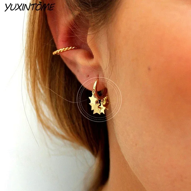 925 Sterling Silver Needle New Fashion 18K Gold Earrings Star Tassel Small Hoop Earrings for Women Wedding Jewelry Accessories