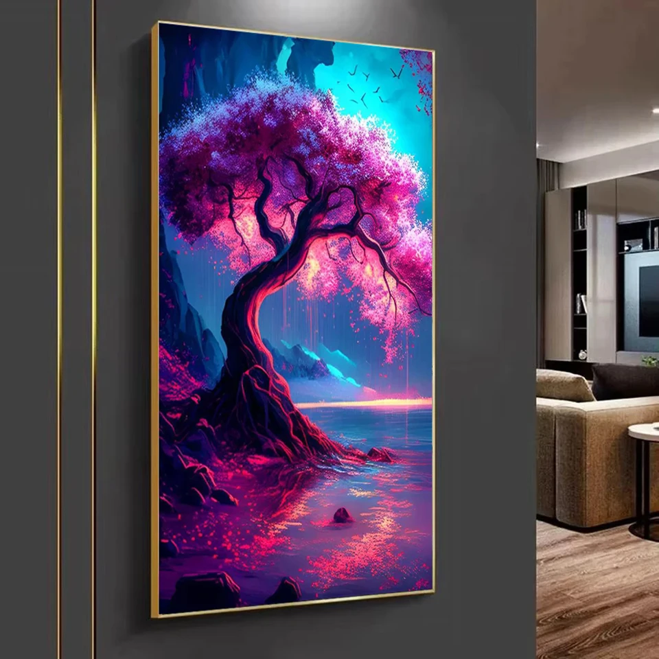 Large Size Diamond Painting Pink Tree Landscape New Diy Full Mosaic Embroidery Romantic Scenery Picture Wall Decor