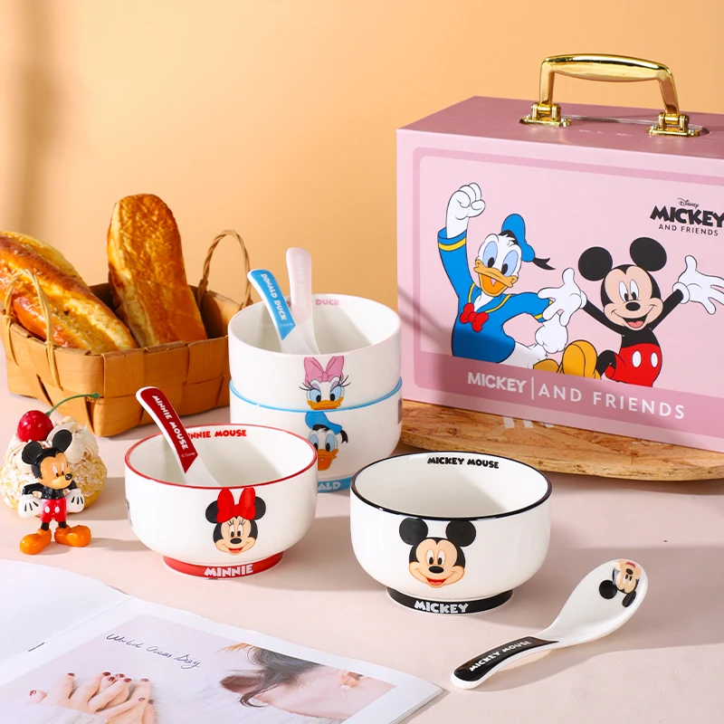 Disney Anime Kawaii Mickey Mouse Minnie high-grade Cartoon Ceramic Rice Bowl Cute Gift Box With Household Kitchen Utensils