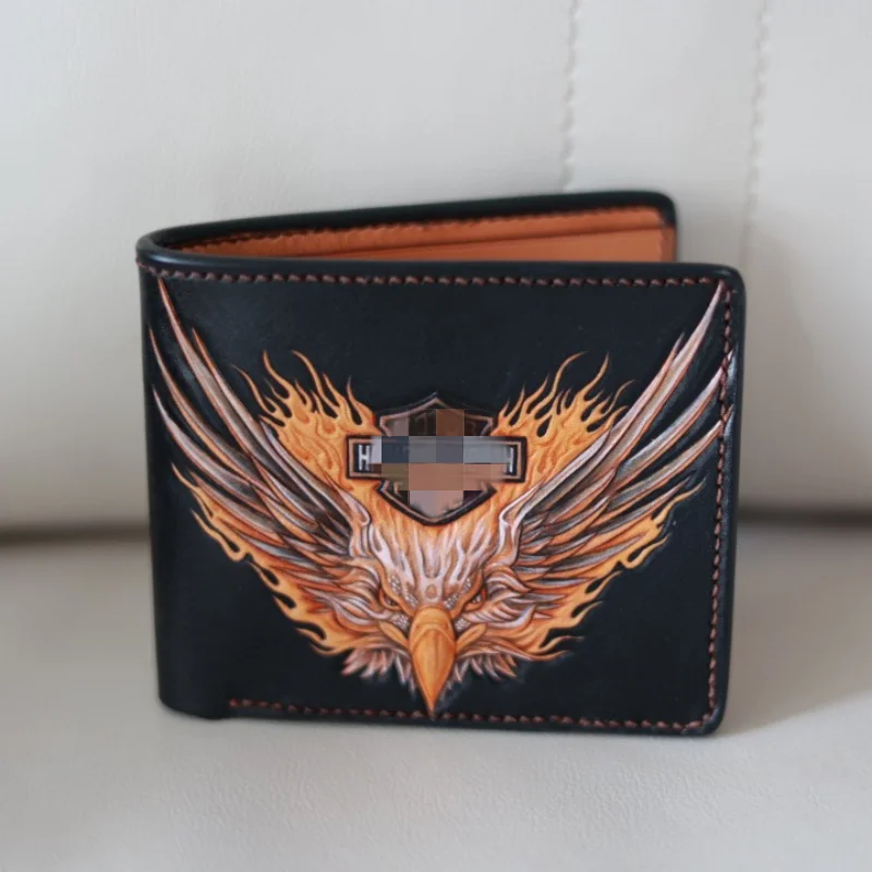 Hand-made Short Wallets Eagle Head Purses Women Men Clutch Vegetable Tanned Leather Thin Wallet Card Holder