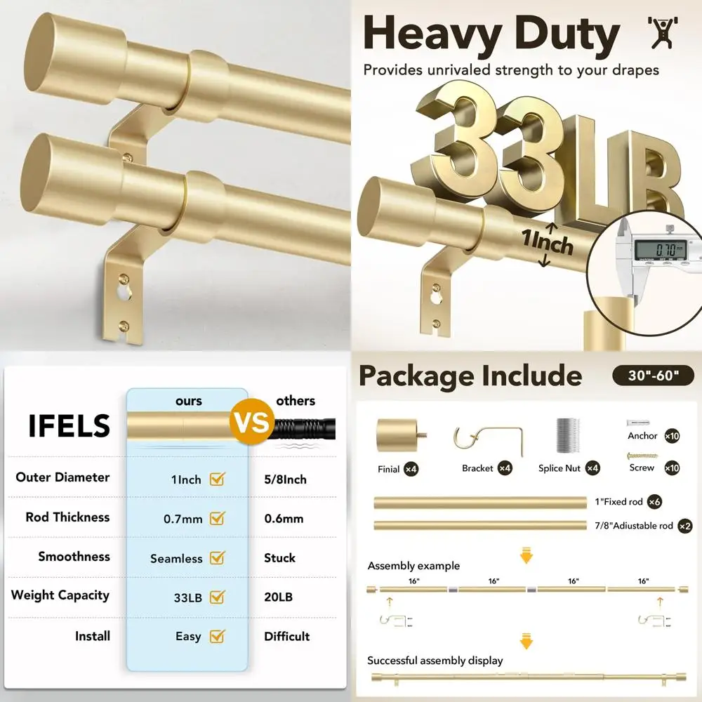 

Набор золотых прочных карнизов для штор, диаметр 28–48 дюймов, 1 дюйм, подходит для наружного и внутреннего использования, идеально подходит для фермерского дома и Be