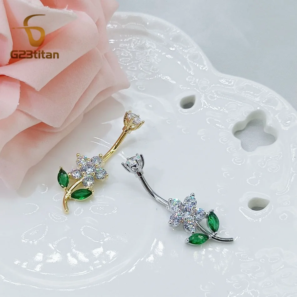 CZ Zircon Flower Belly Button Ring 14G Titanium Bar Anti Allergy Body Piercing Navel Jewelry Women Accessories Gold Silver Color