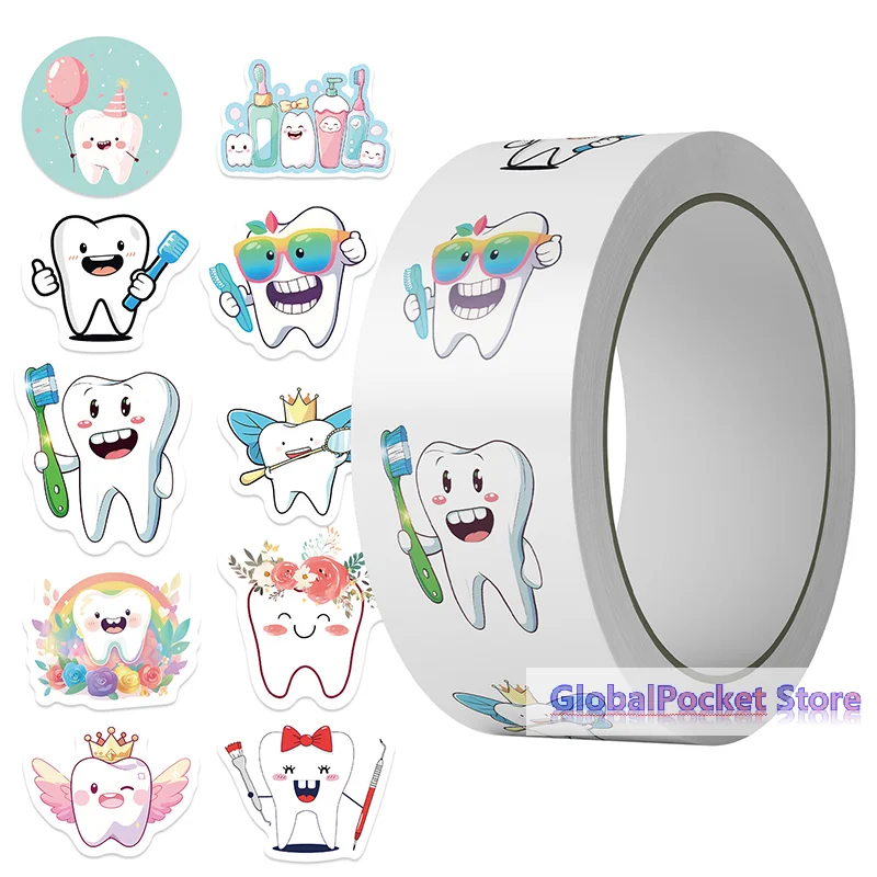 

500 Sheets/roll Protect Teeth Cartoon Stickers For Kids Students Graffiti Laptop Stationery Cute Sticker Dental Clinic Gifts