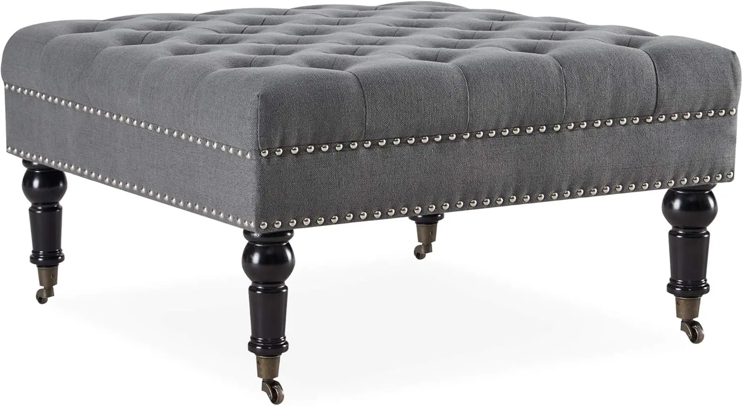 Modern 34 Inch Square Linen Ottoman with Caster Wheels, Contemporary Classic Footsool Bench with Button Tufted Top