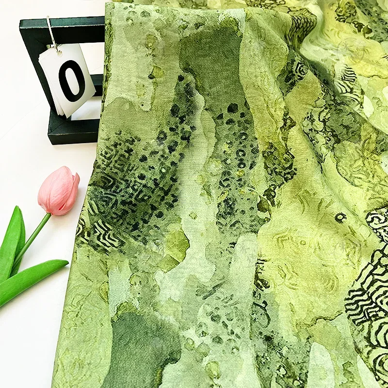 Green ink dyeing oil painting style brocade cotton fabric soft cotton silk digital printing fabric DIY dress clothing Home décor
