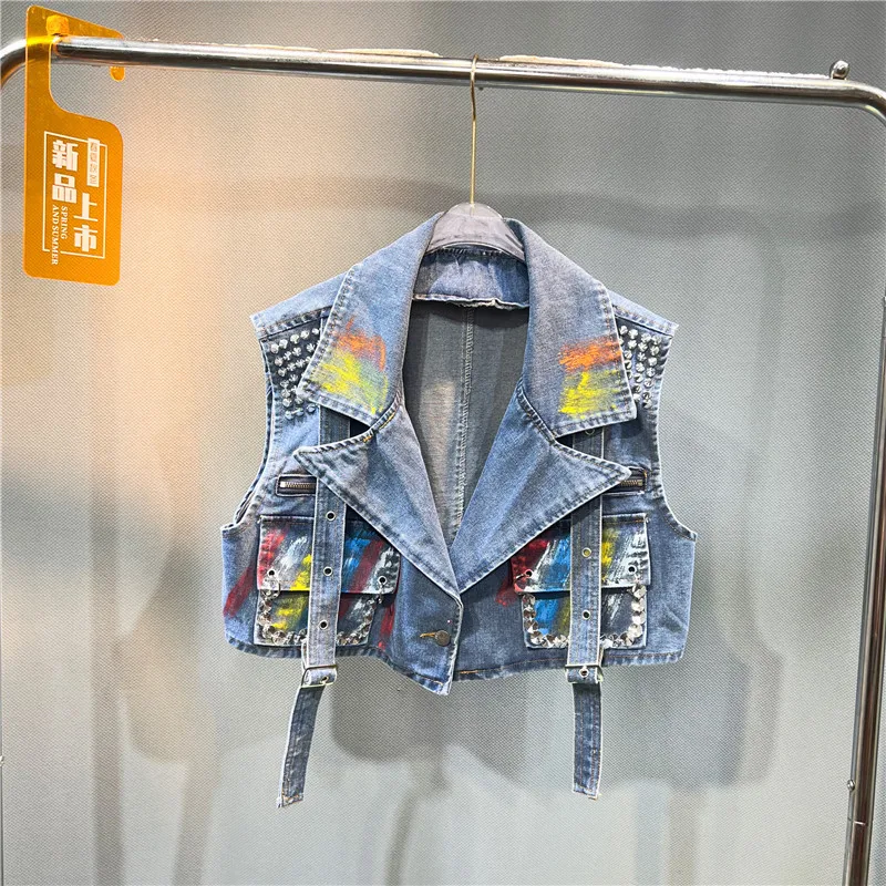 Hand-painted Graffiti Printing Heavy Work Rivet Short Denim Vest Blue Grey Women Casual Suit Collar Sleeveless Cowboy Waistcoat