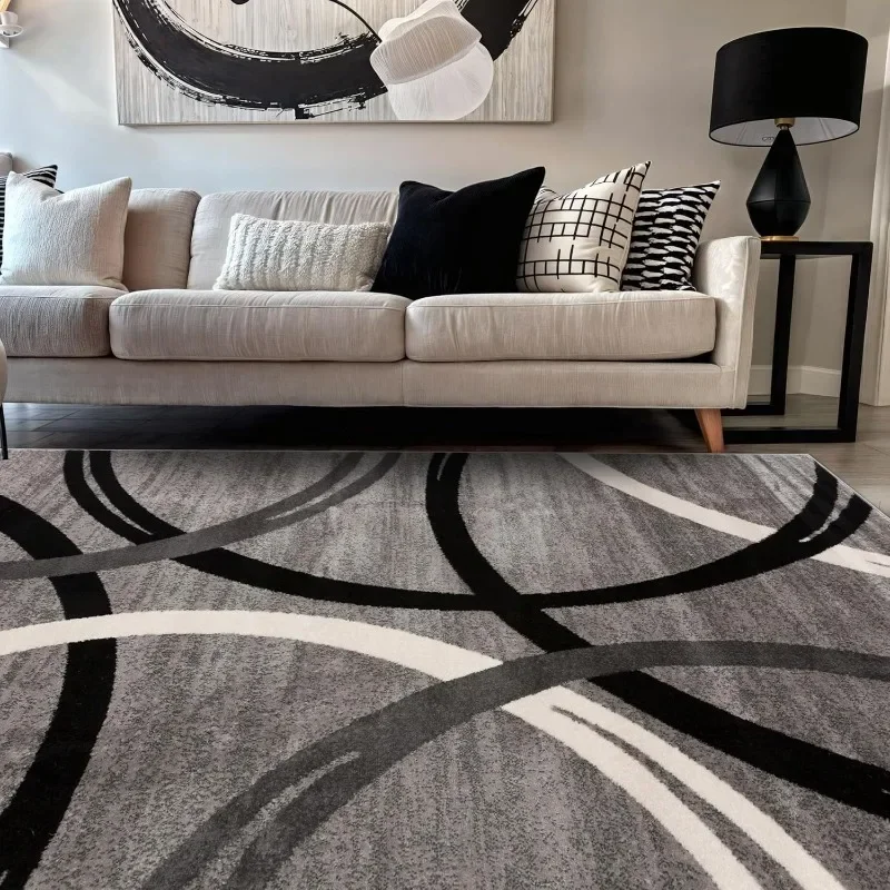 

5'3"x7'3" Gray Area Rug, Wavy Circles Fade-Resistant - Perfect for Living Room & Bedroom Use