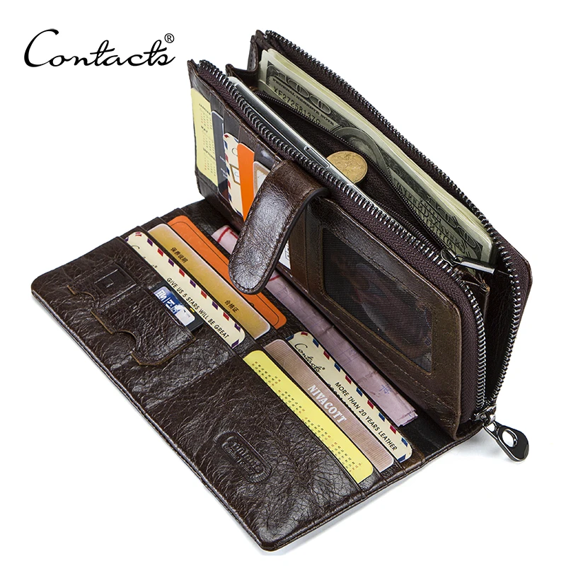 CONTACT'S Genuine Leather Men Wallets High Quality Long Clutch Wallet Card Holder Coin Purses Phone Pockets Money Clip Men's Bag